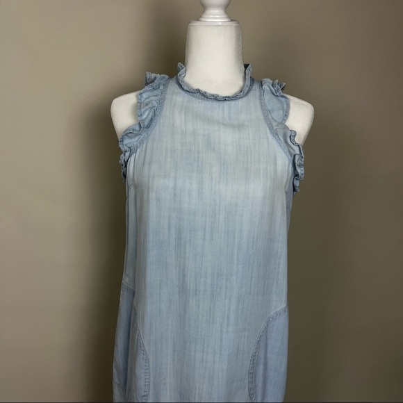 CLOTH & STONE CHAMBRAY MINI DRESS RUFFLE HALTER NECK BLUE SIZE SMALL - Picture 6 of 16